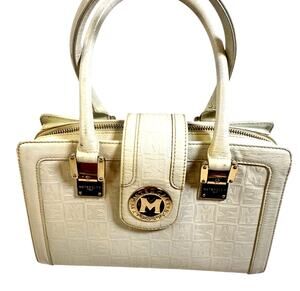 MetroCity Off White Embossed Leather Boston Satchel Silver Hardware Italy